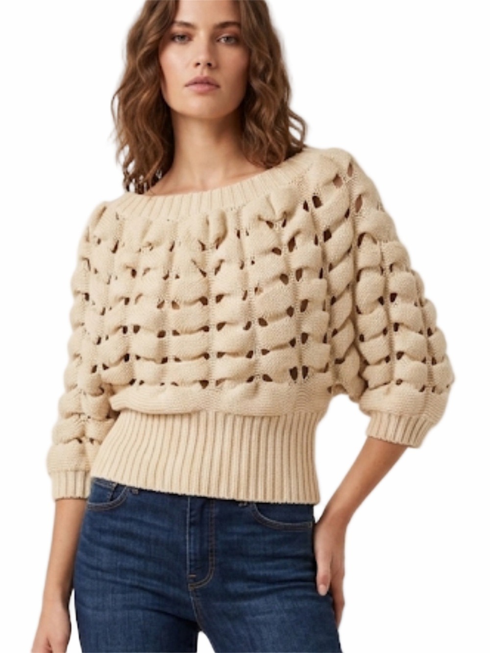 Avec Sz S Cream Open Knit Sweater Chunky Braided Weave Relaxed Fit Layering Top